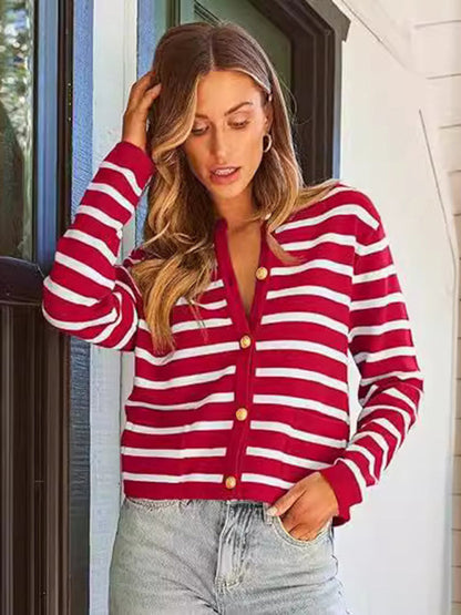 Cardigans- Classic Striped Cardigan Sweater with Golden Buttons- - IndioGear Women Clothing