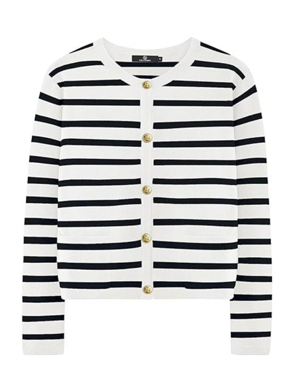 Cardigans- Classic Striped Cardigan Sweater with Golden Buttons- - IndioGear Women Clothing