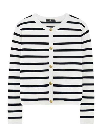 Cardigans- Classic Striped Cardigan Sweater with Golden Buttons- - IndioGear Women Clothing