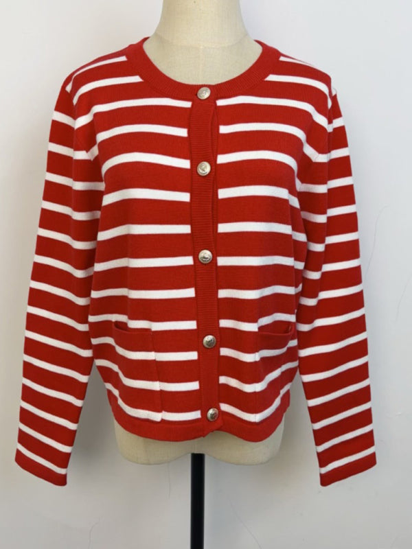 Cardigans- Classic Striped Cardigan Sweater with Golden Buttons- - IndioGear Women Clothing