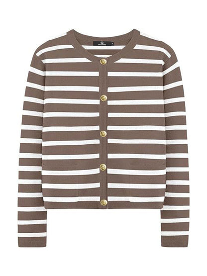 Cardigans- Classic Striped Cardigan Sweater with Golden Buttons- - IndioGear Women Clothing