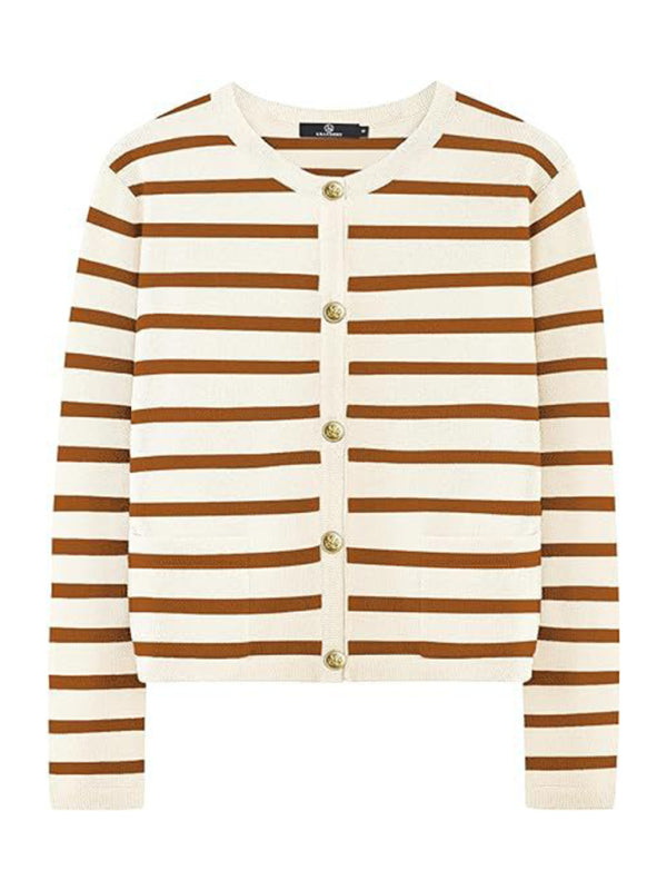 Cardigans- Classic Striped Cardigan Sweater with Golden Buttons- - IndioGear Women Clothing