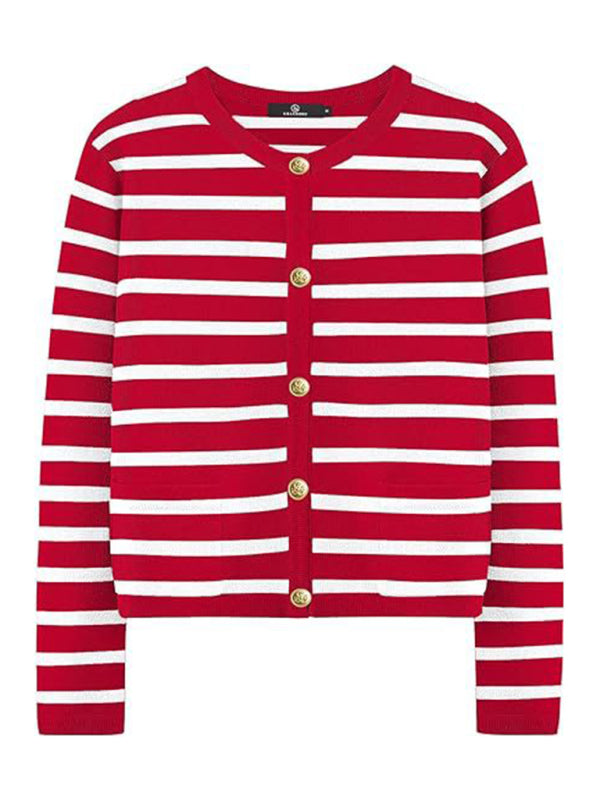 Cardigans- Classic Striped Cardigan Sweater with Golden Buttons- - IndioGear Women Clothing