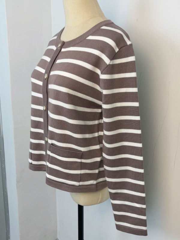 Cardigans- Classic Striped Cardigan Sweater with Golden Buttons- - IndioGear Women Clothing