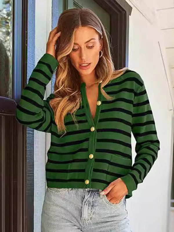 Cardigans- Classic Striped Cardigan Sweater with Golden Buttons- - IndioGear Women Clothing