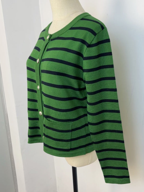 Cardigans- Classic Striped Cardigan Sweater with Golden Buttons- - IndioGear Women Clothing