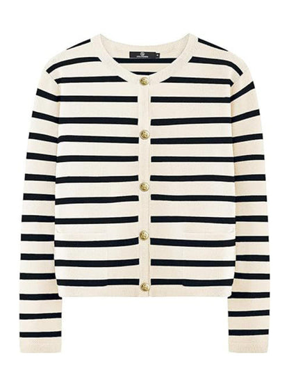 Cardigans- Classic Striped Cardigan Sweater with Golden Buttons- - IndioGear Women Clothing