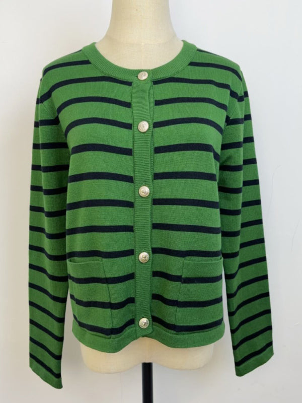 Cardigans- Classic Striped Cardigan Sweater with Golden Buttons- - IndioGear Women Clothing