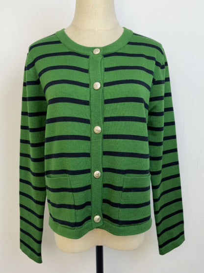 Cardigans- Classic Striped Cardigan Sweater with Golden Buttons- - IndioGear Women Clothing