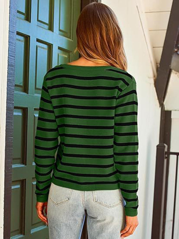 Cardigans- Classic Striped Cardigan Sweater with Golden Buttons- - IndioGear Women Clothing