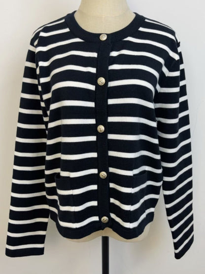 Cardigans- Classic Striped Cardigan Sweater with Golden Buttons- - IndioGear Women Clothing