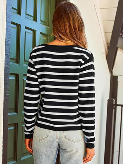 Cardigans- Classic Striped Cardigan Sweater with Golden Buttons- - IndioGear Women Clothing