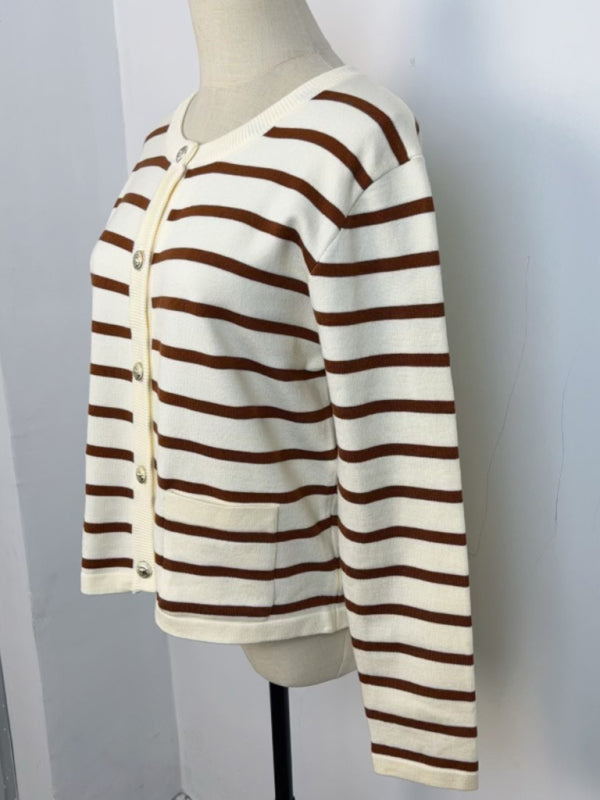 Cardigans- Classic Striped Cardigan Sweater with Golden Buttons- - IndioGear Women Clothing