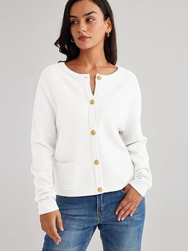 Cardigans- Classic Striped Cardigan Sweater with Golden Buttons- White- IndioGear Women Clothing