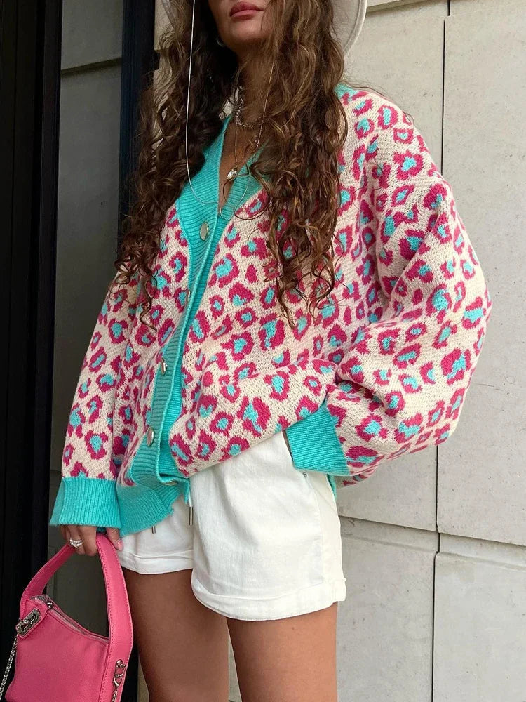 Cardigans- Cozy Chic Leopard Print Cardigan- Pink Blue- IndioGear.com