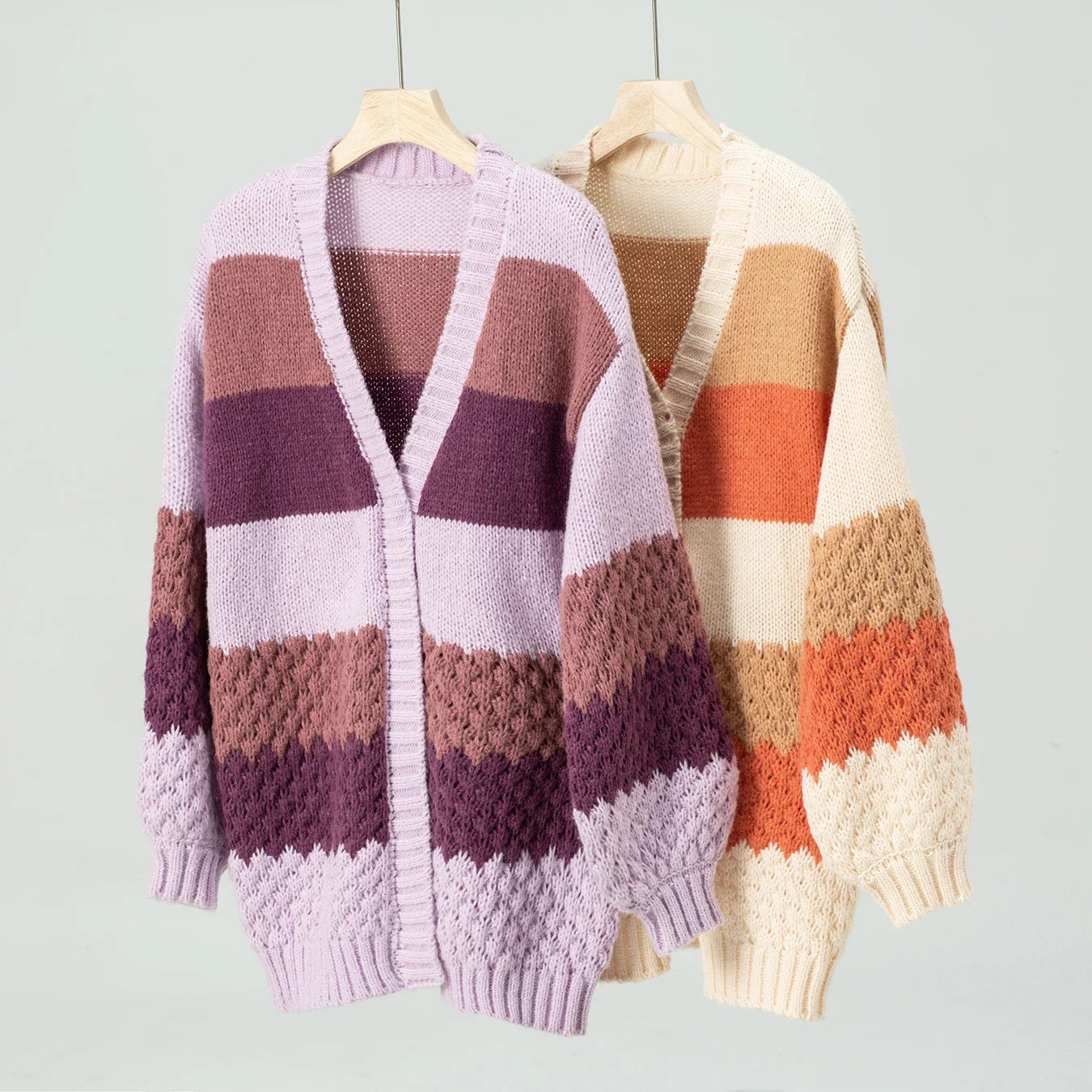 Cardigans- Cozy Color-Block Waffle Knit Cardigan for Women- - IndioGear.com