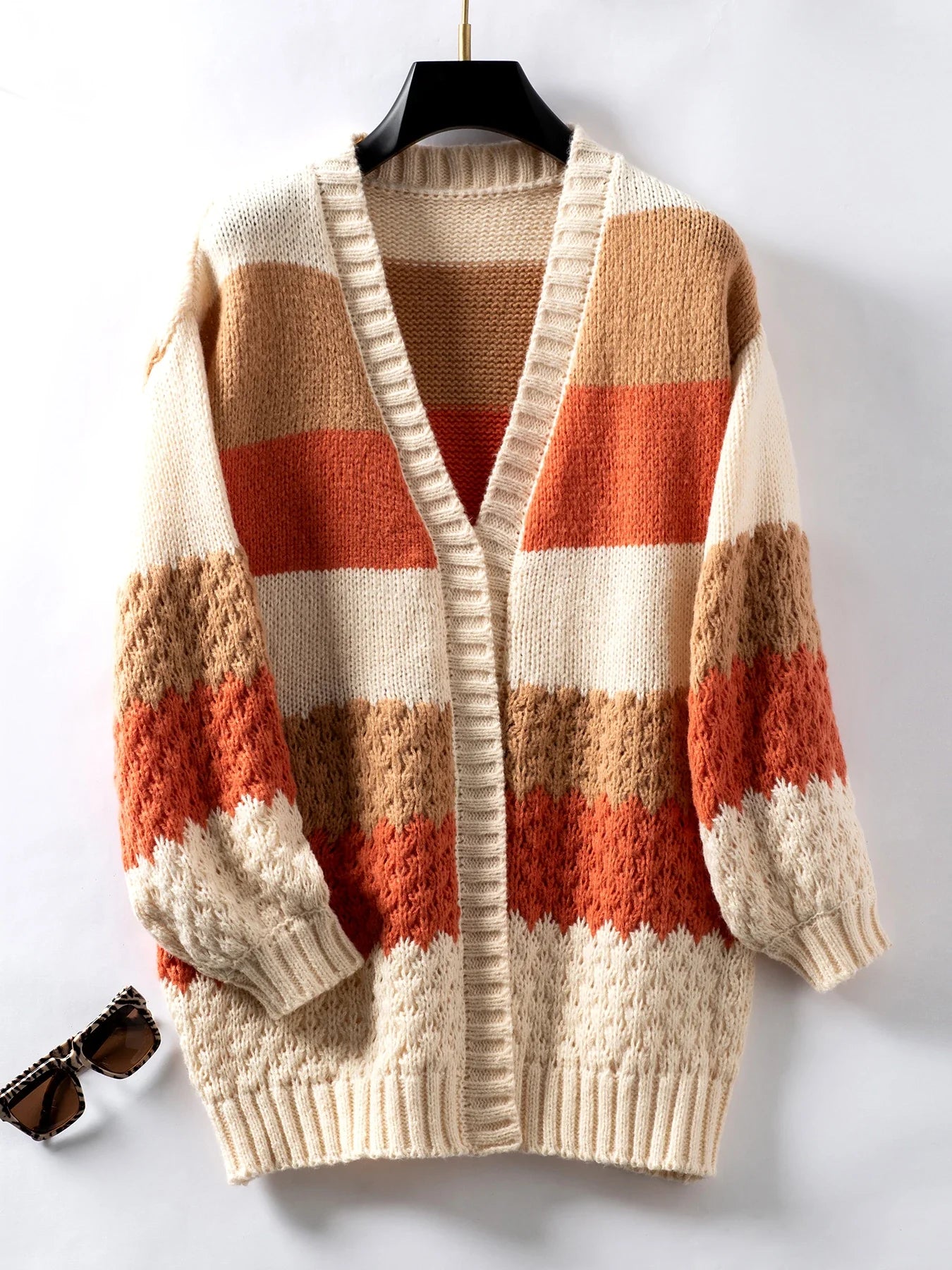 Cardigans- Cozy Color-Block Waffle Knit Cardigan for Women- - IndioGear.com