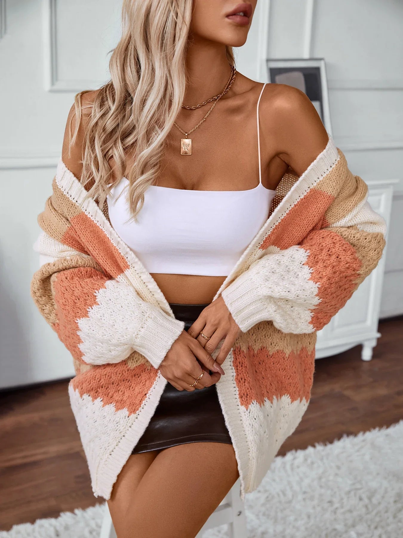 Cardigans- Cozy Color-Block Waffle Knit Cardigan for Women- - IndioGear.com