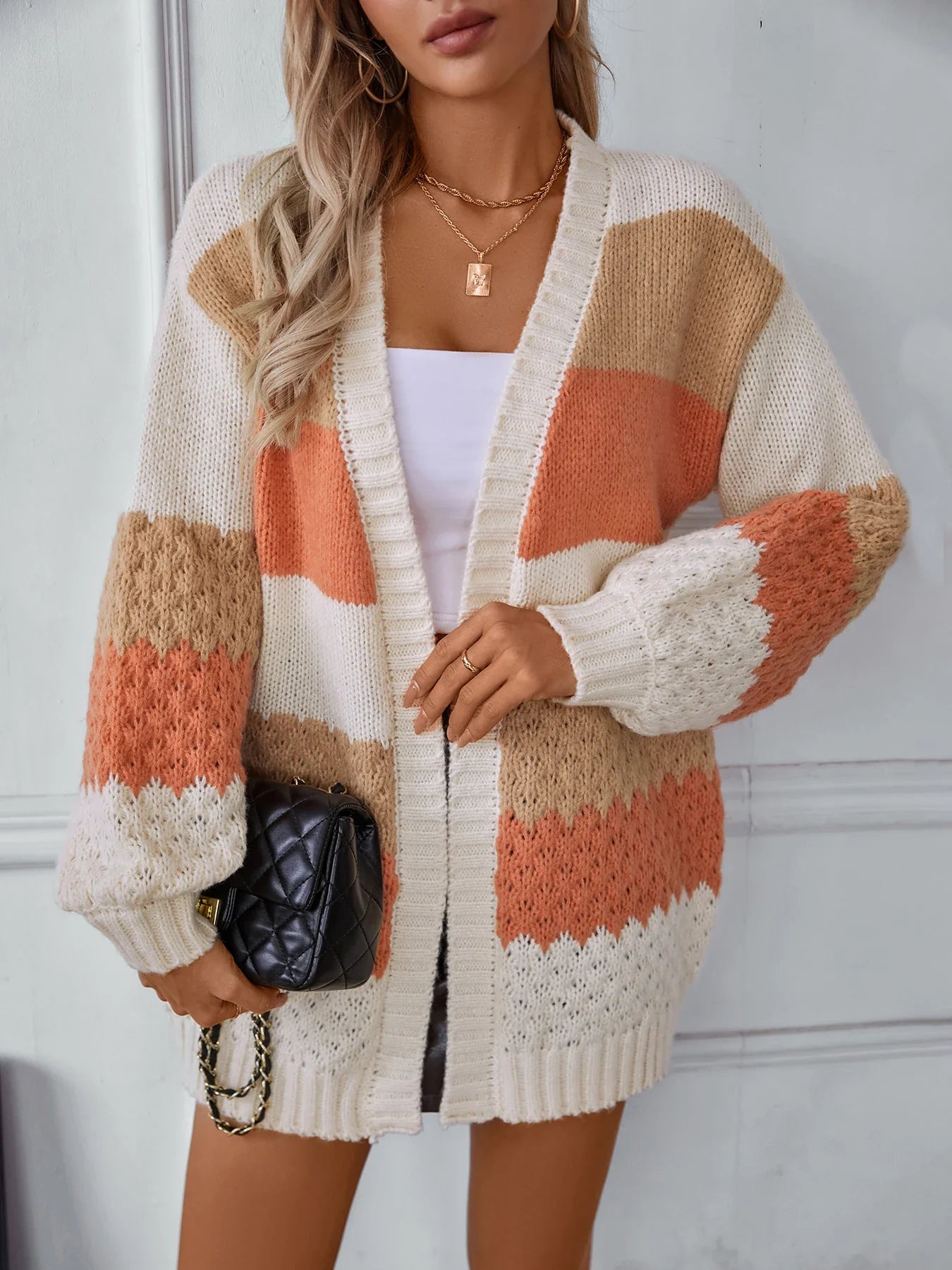 Cardigans- Cozy Color-Block Waffle Knit Cardigan for Women- Orange- IndioGear.com