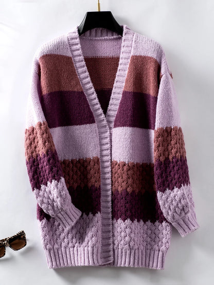 Cardigans- Cozy Color-Block Waffle Knit Cardigan for Women- Purple- IndioGear.com