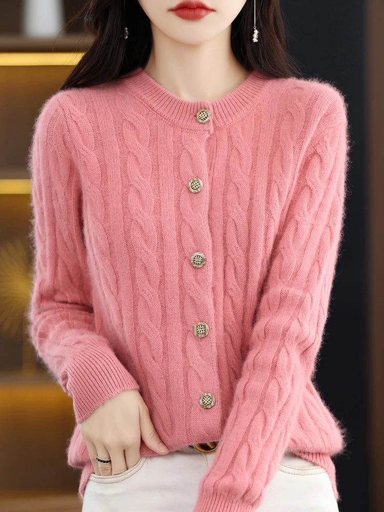 Cardigans- Elegant Cable Knit Cashmere Cardigan- Pink- IndioGear Women Clothing