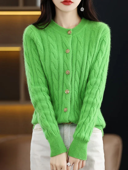 Cardigans- Elegant Cable Knit Cashmere Cardigan- Emerald- IndioGear Women Clothing