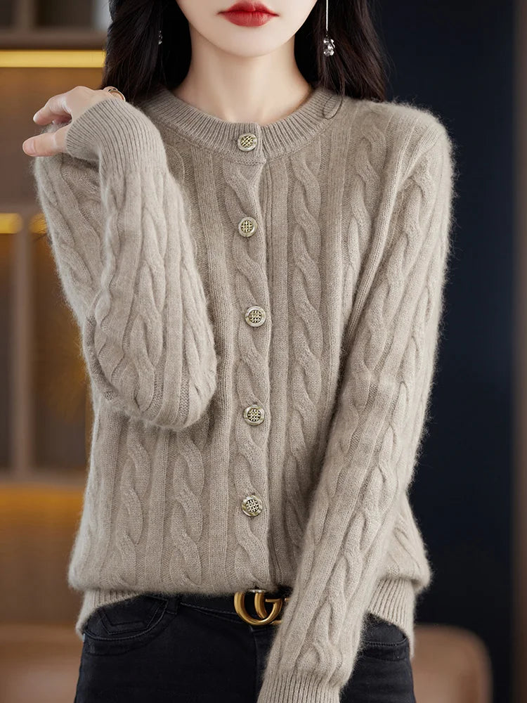 Cardigans- Elegant Cable Knit Cashmere Cardigan- - IndioGear Women Clothing