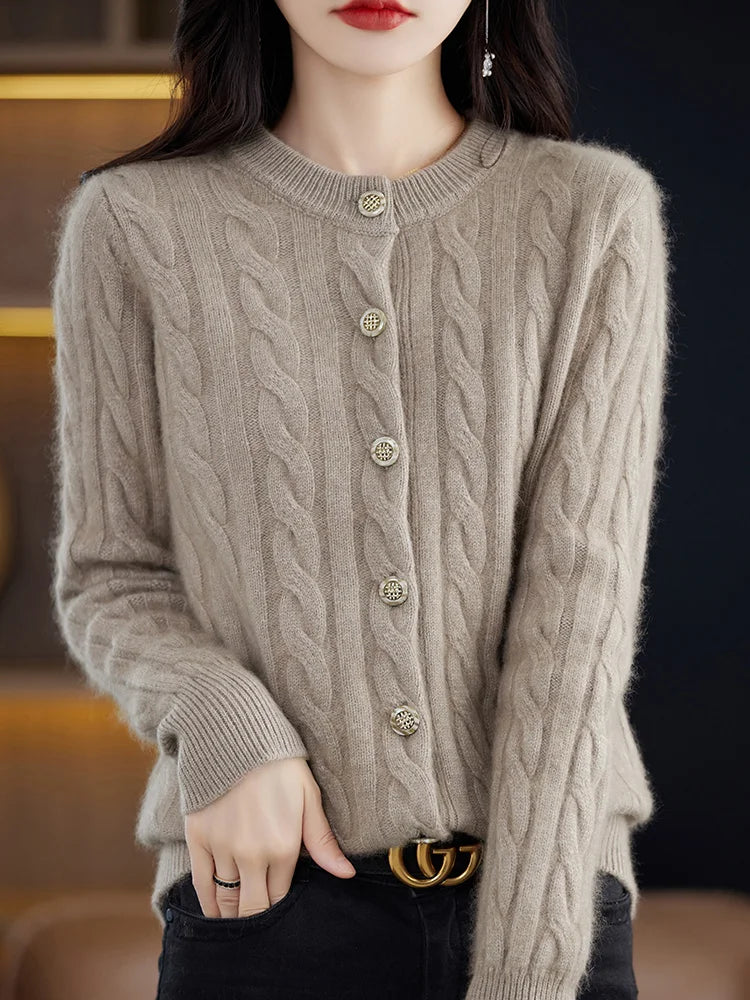 Cardigans- Elegant Cable Knit Cashmere Cardigan- camel- IndioGear Women Clothing