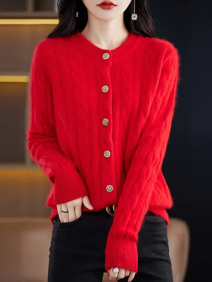 Cardigans- Elegant Cable Knit Cashmere Cardigan- Red- IndioGear Women Clothing