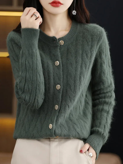 Cardigans- Elegant Cable Knit Cashmere Cardigan- army green- IndioGear Women Clothing