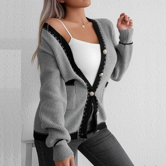 Cardigans- Elegant Contrast Grey Knit Cardigan Transitional Knitwear Piece- - IndioGear.com