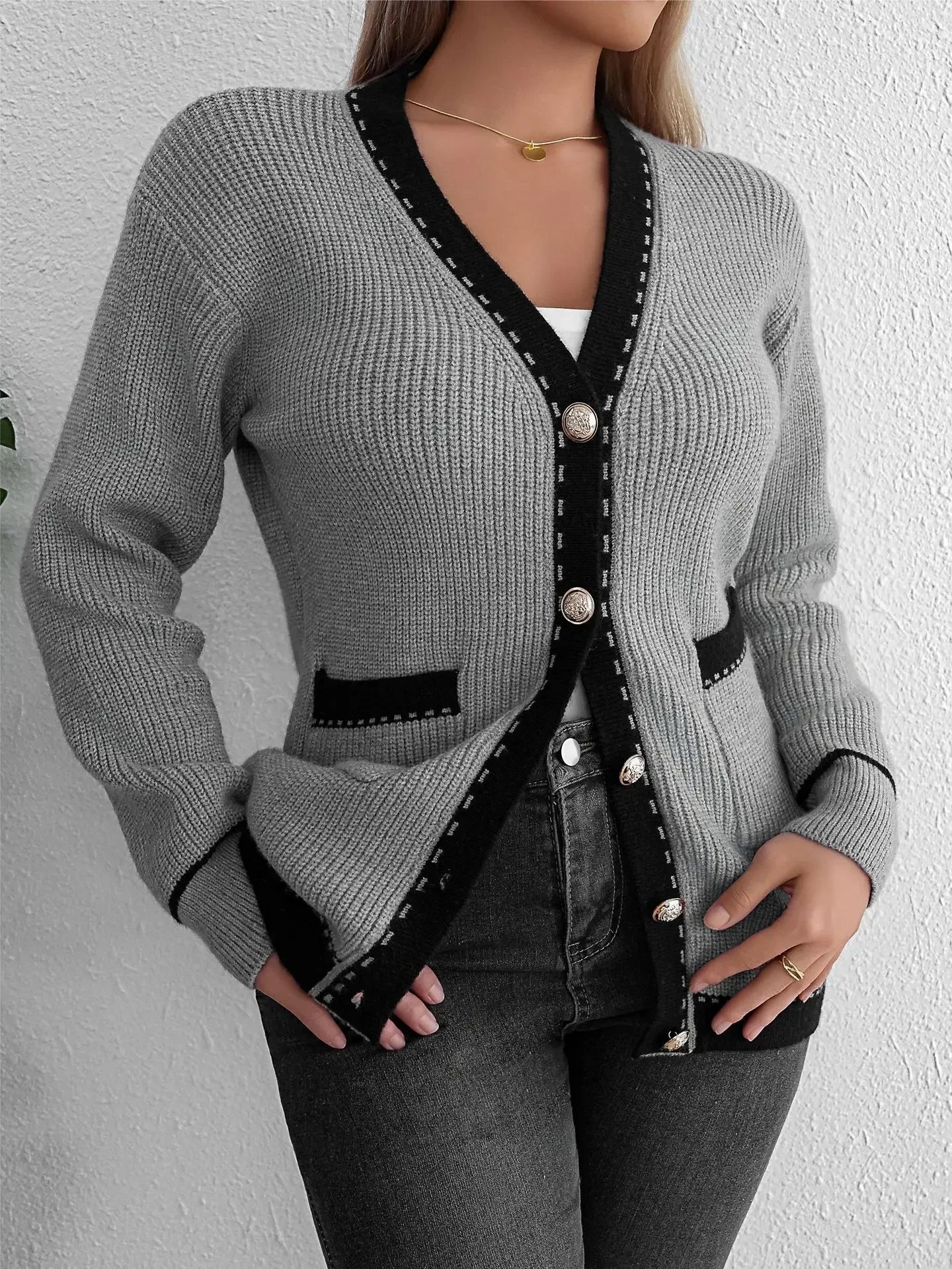 Cardigans- Elegant Contrast Grey Knit Cardigan Transitional Knitwear Piece- - IndioGear.com