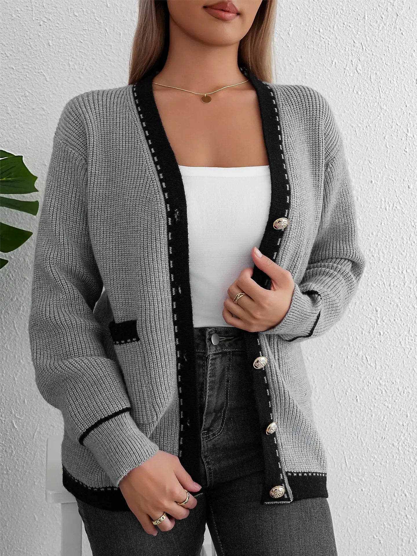 Cardigans- Elegant Contrast Grey Knit Cardigan Transitional Knitwear Piece- Gray- IndioGear.com