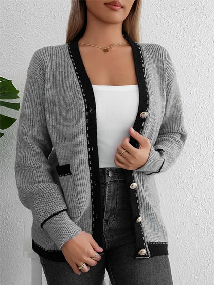 Cardigans- Elegant Contrast Grey Knit Cardigan Transitional Knitwear Piece- - IndioGear.com