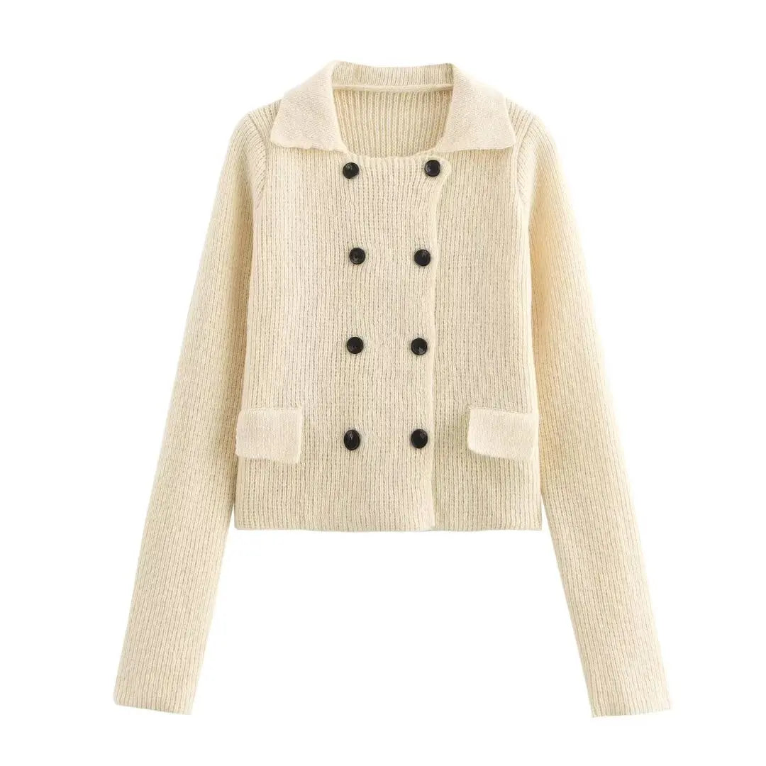 Cardigans- Elegant Double-Breasted Knit Cardigan Fall Sweater- Beige- IndioGear Women Clothing