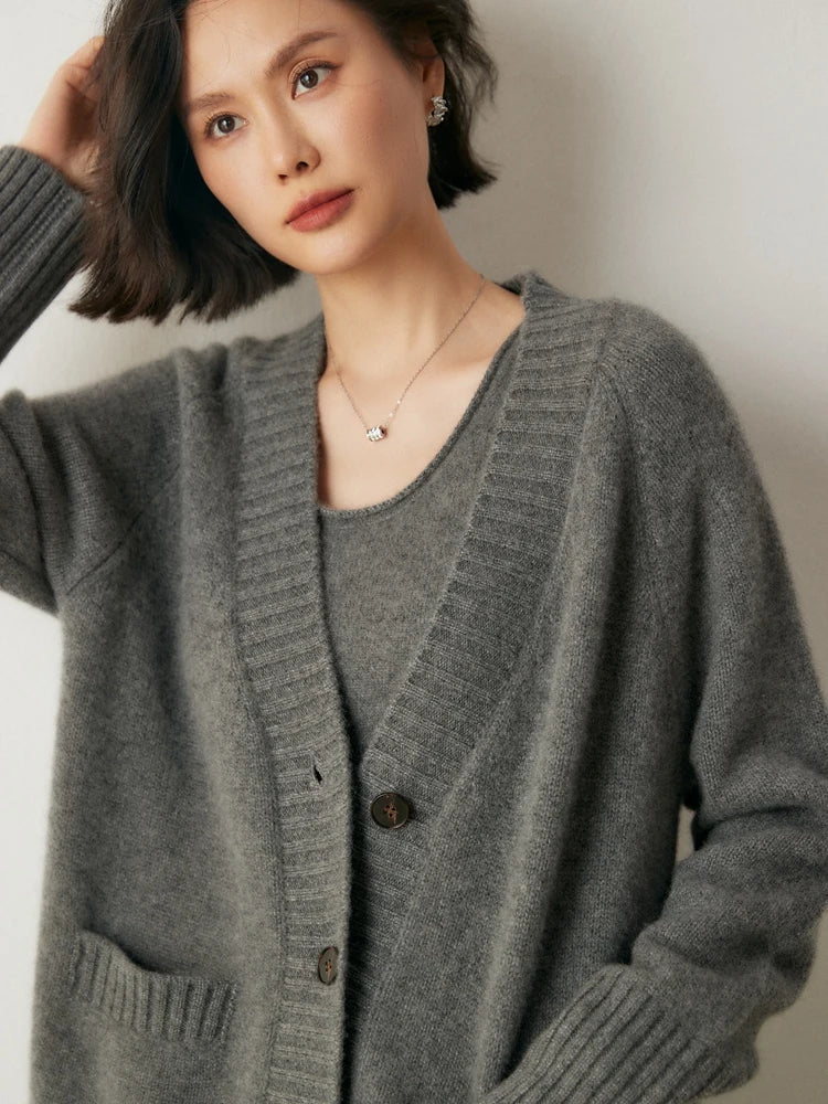 Cardigans- Elegant Winter Pure Cashmere Grandpa Cardigan- - IndioGear Women Clothing