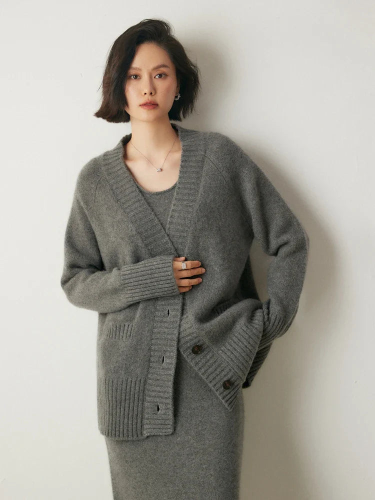 Cardigans- Elegant Winter Pure Cashmere Grandpa Cardigan- - IndioGear Women Clothing