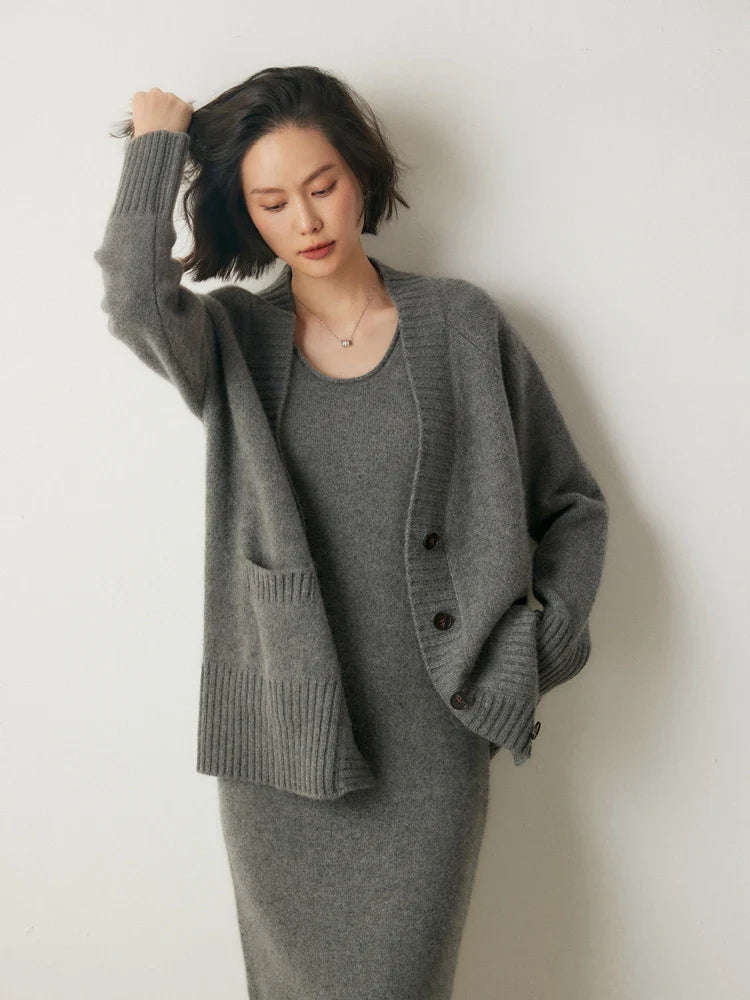 Cardigans- Elegant Winter Pure Cashmere Grandpa Cardigan- - IndioGear Women Clothing