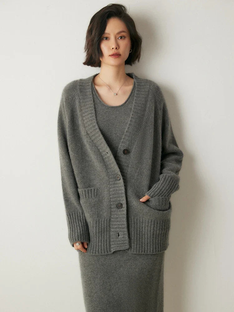 Cardigans- Elegant Winter Pure Cashmere Grandpa Cardigan- - IndioGear Women Clothing