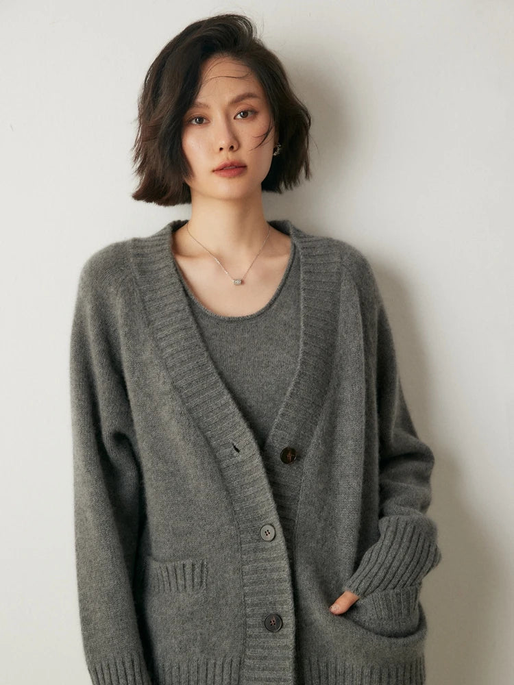 Cardigans- Elegant Winter Pure Cashmere Grandpa Cardigan- - IndioGear Women Clothing