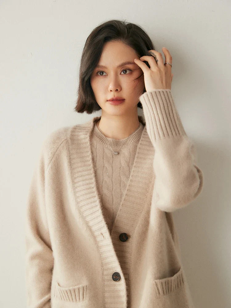 Cardigans- Elegant Winter Pure Cashmere Grandpa Cardigan- - IndioGear Women Clothing