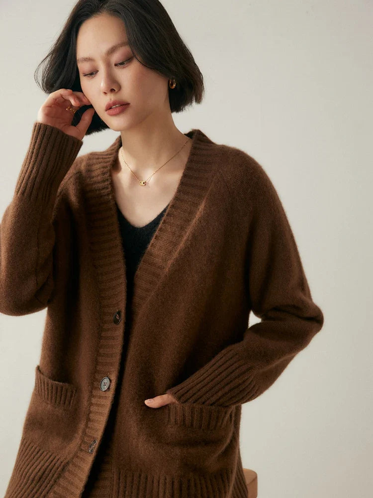 Cardigans- Elegant Winter Pure Cashmere Grandpa Cardigan- - IndioGear Women Clothing