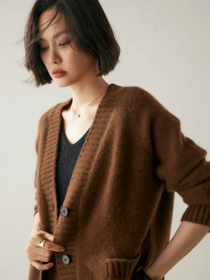 Cardigans- Elegant Winter Pure Cashmere Grandpa Cardigan- - IndioGear Women Clothing