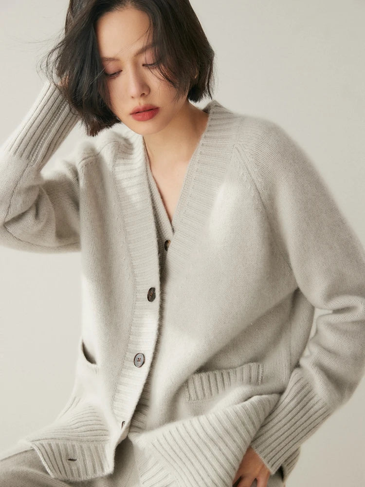 Cardigans- Elegant Winter Pure Cashmere Grandpa Cardigan- Soy Milk- IndioGear Women Clothing