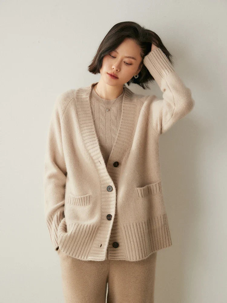 Cardigans- Elegant Winter Pure Cashmere Grandpa Cardigan- - IndioGear Women Clothing