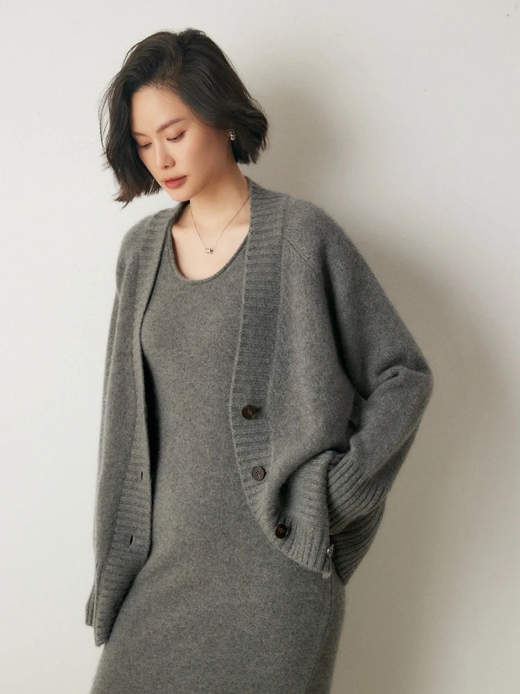 Cardigans- Elegant Winter Pure Cashmere Grandpa Cardigan- - IndioGear Women Clothing