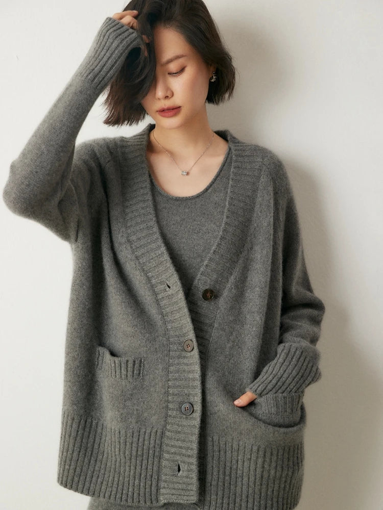 Cardigans- Elegant Winter Pure Cashmere Grandpa Cardigan- Dark Grey- IndioGear Women Clothing