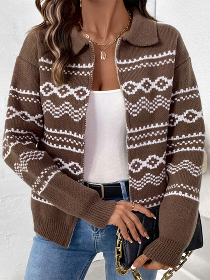 Cardigans- Fair Isle Zip-Up Cardigan for Fall & Winter- Coffee- IndioGear.com