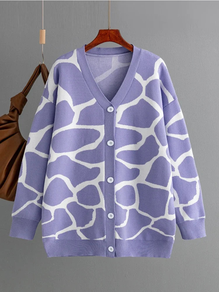 Cardigans- Giraffe’s Skin Print Pattern Sweater Cardigans- Purple- IndioGear.com