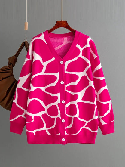 Cardigans- Giraffe’s Skin Print Pattern Sweater Cardigans- Rose Red- IndioGear.com